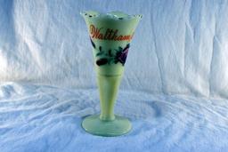 Custard glass vase with Waltham MN advertising