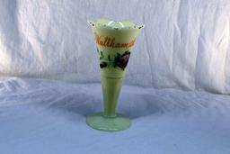 Custard glass vase with Waltham MN advertising