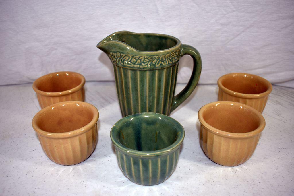 Stoneware pitcher and 5 bowls