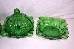 Green depression pitcher, butter dish, berry bowl, spooner