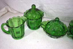 Green depression pitcher, butter dish, berry bowl, spooner