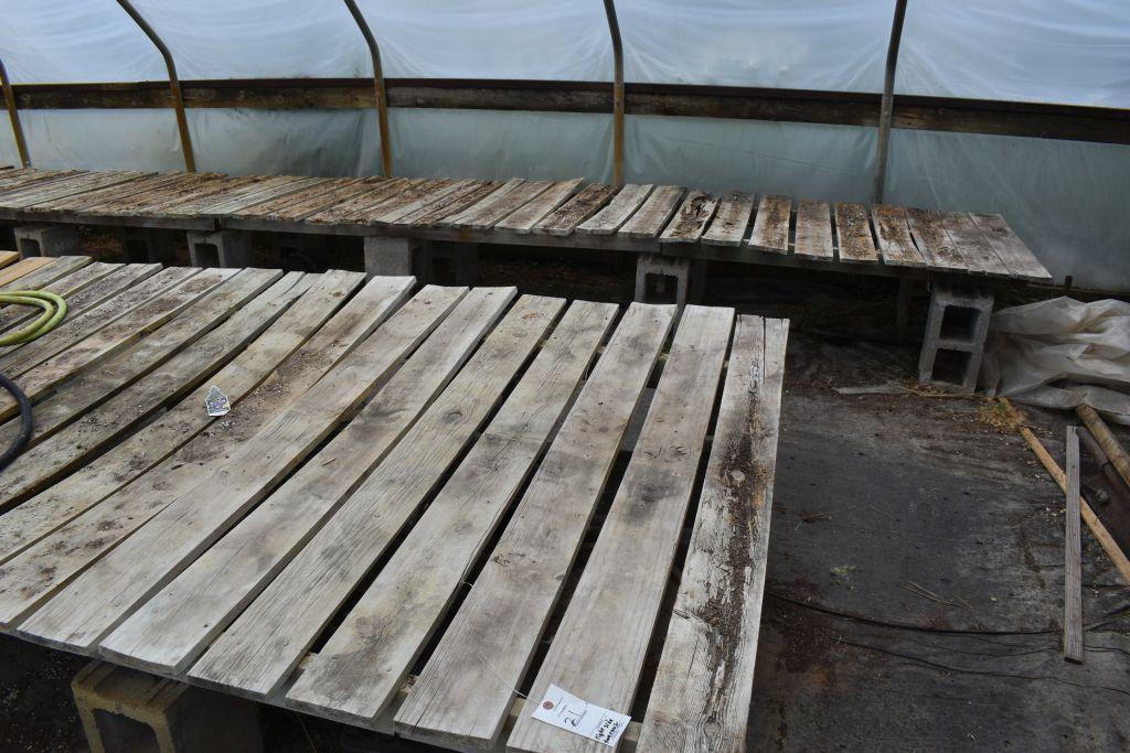 (12) 64" wide wooden greenhouse garden benches approx. 85' total, (13) sections of 40"
