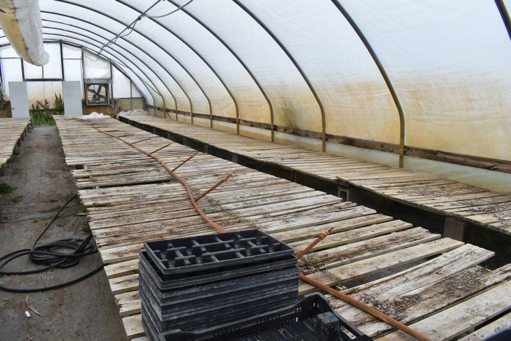 Approx. 180' of wooden greenhouse garden benches 60" and 84" wide with cinder blocks,