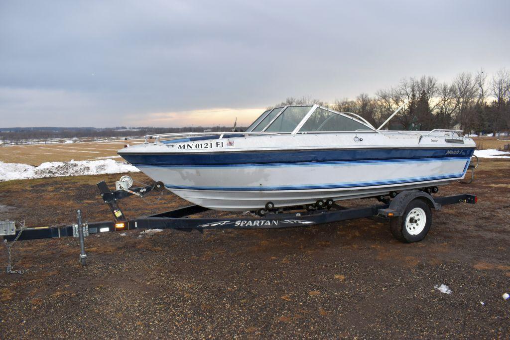 1988 Mach I Spoiler Fish N Ski Boat, Inboard/Outboard Motor, Spartan Single Axle Roller Trailer