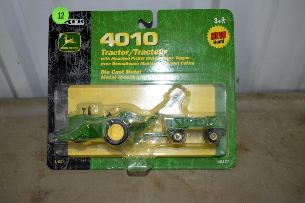Ertl John Deere 4010 Tractor with mounted picker and flair box wagon, on card, 1/64th