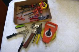 Assorted Tools Including: 100' Tape Measure, T Handle Allen Wrenches, Tin Snips, Hammer Stapler