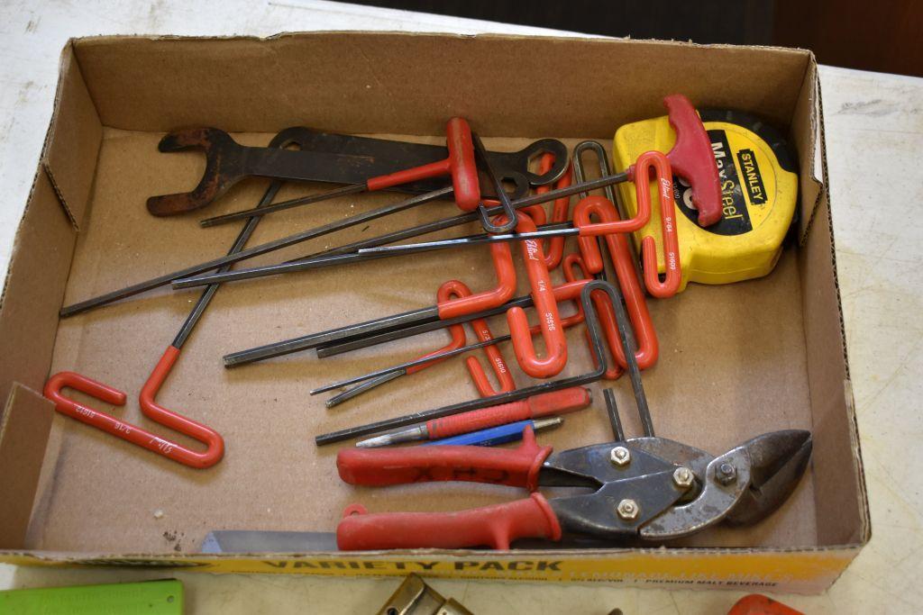 Assorted Tools Including: 100' Tape Measure, T Handle Allen Wrenches, Tin Snips, Hammer Stapler