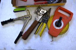 Assorted Tools Including: 100' Tape Measure, T Handle Allen Wrenches, Tin Snips, Hammer Stapler