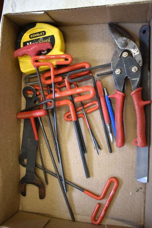 Assorted Tools Including: 100' Tape Measure, T Handle Allen Wrenches, Tin Snips, Hammer Stapler