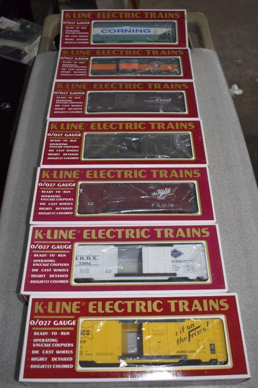 (7) K-Line Electric Trains: Box Cars, Reefers, NYC "20th Century LTD" Express Classic Reefer, Hopper