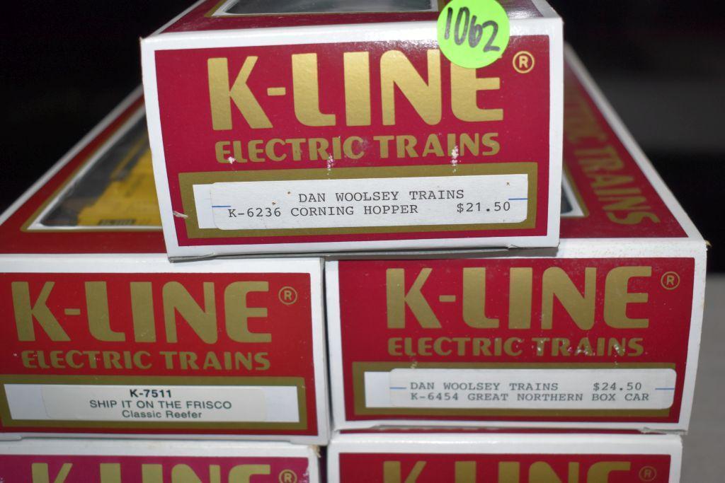 (7) K-Line Electric Trains: Box Cars, Reefers, NYC "20th Century LTD" Express Classic Reefer, Hopper