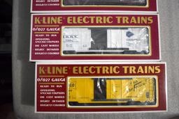 (7) K-Line Electric Trains: Box Cars, Reefers, NYC "20th Century LTD" Express Classic Reefer, Hopper