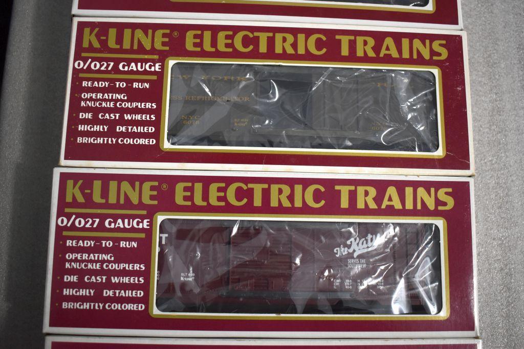 (7) K-Line Electric Trains: Box Cars, Reefers, NYC "20th Century LTD" Express Classic Reefer, Hopper