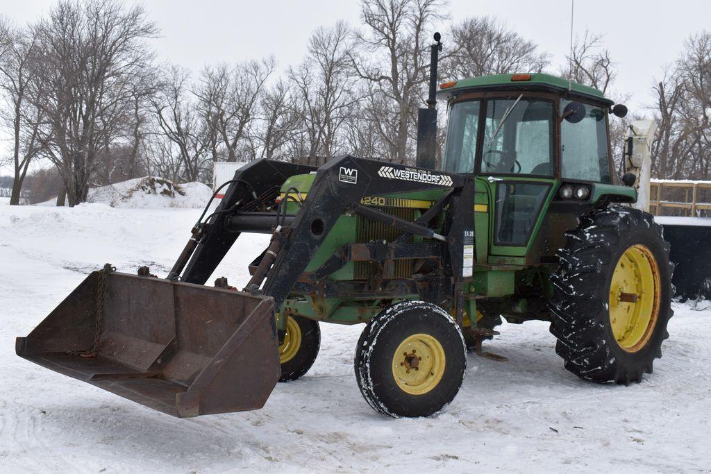 1978 John Deere 4240 Tractor, Westendorff TA28 Hydraulic Loader, Joystick, 84" Bucket, Pallet Forks