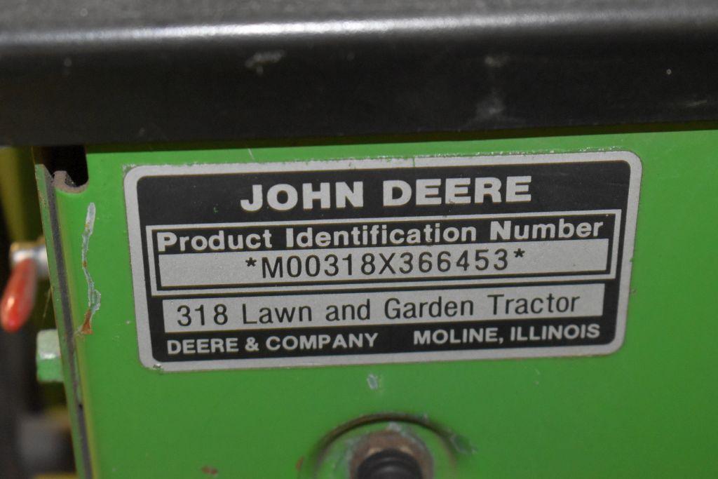 John Deere 318 Garden Tractor, 50" Deck, 1980 Hours Showing, Hydro, SN: M00318X366453,