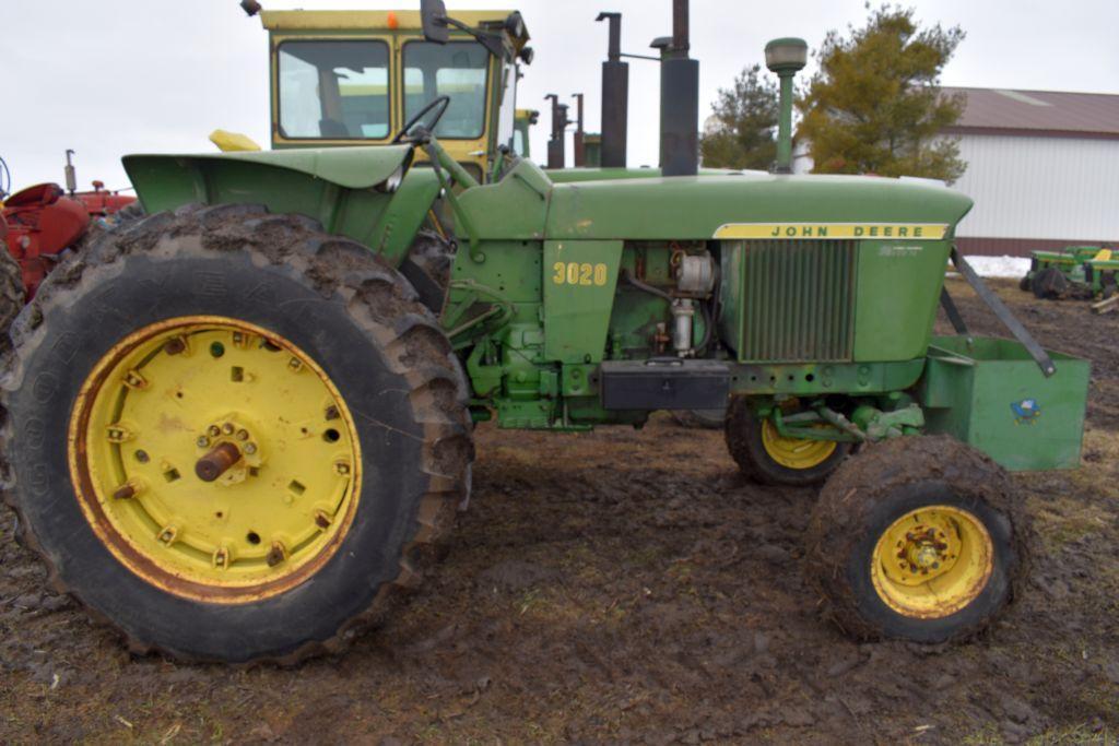 John Deere 3020 Gas Tractor, 1517 Hours Showing, 16.9x34 Tires, 2 Hyd., WF, Rock Box, New Style