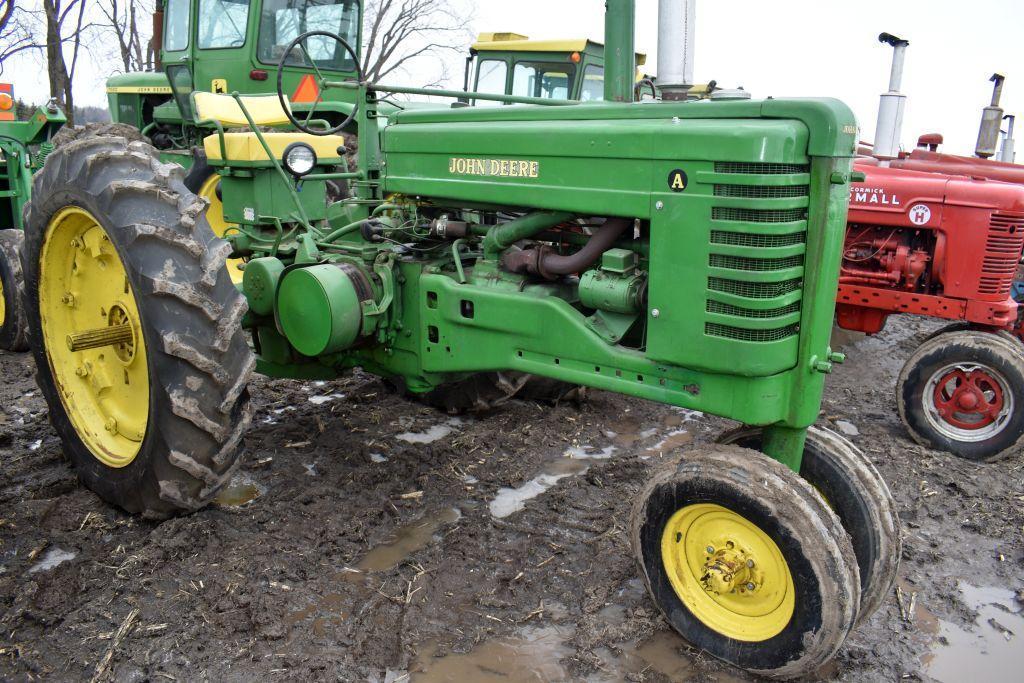 John Deere A Style Tractor, 13.6x38 Tires, Rock Shaft, Aux. Hyd., Electric Start, SN 695556, Motor