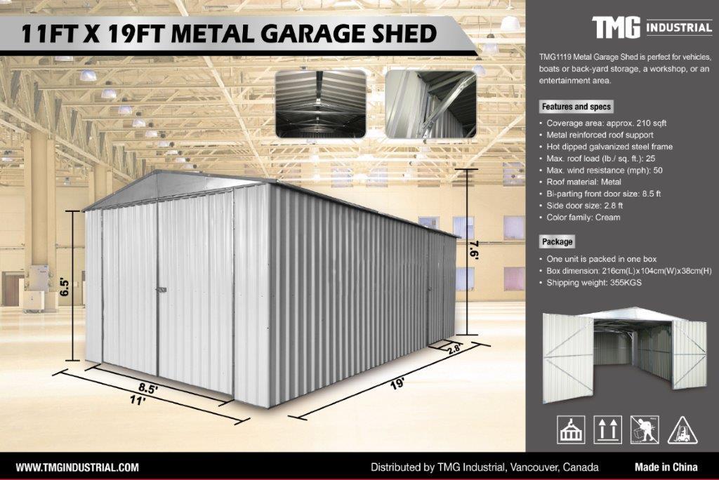 "11Ft x 19Ft Single Garage Metal Shed c/w: bi-parting front door and one side door