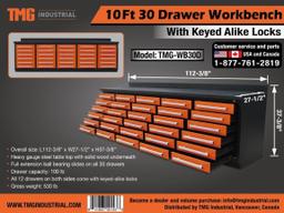 Workbench 10ft 30 Drawer w/ Keyed Locks New