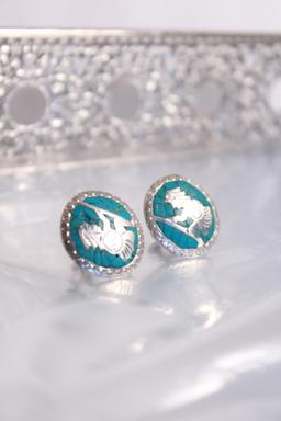 14K Gold & Turquoise Screw Back Earrings ; Inlaid Turquoise, ‘Warrior’ Motif, Stamped ‘Ste