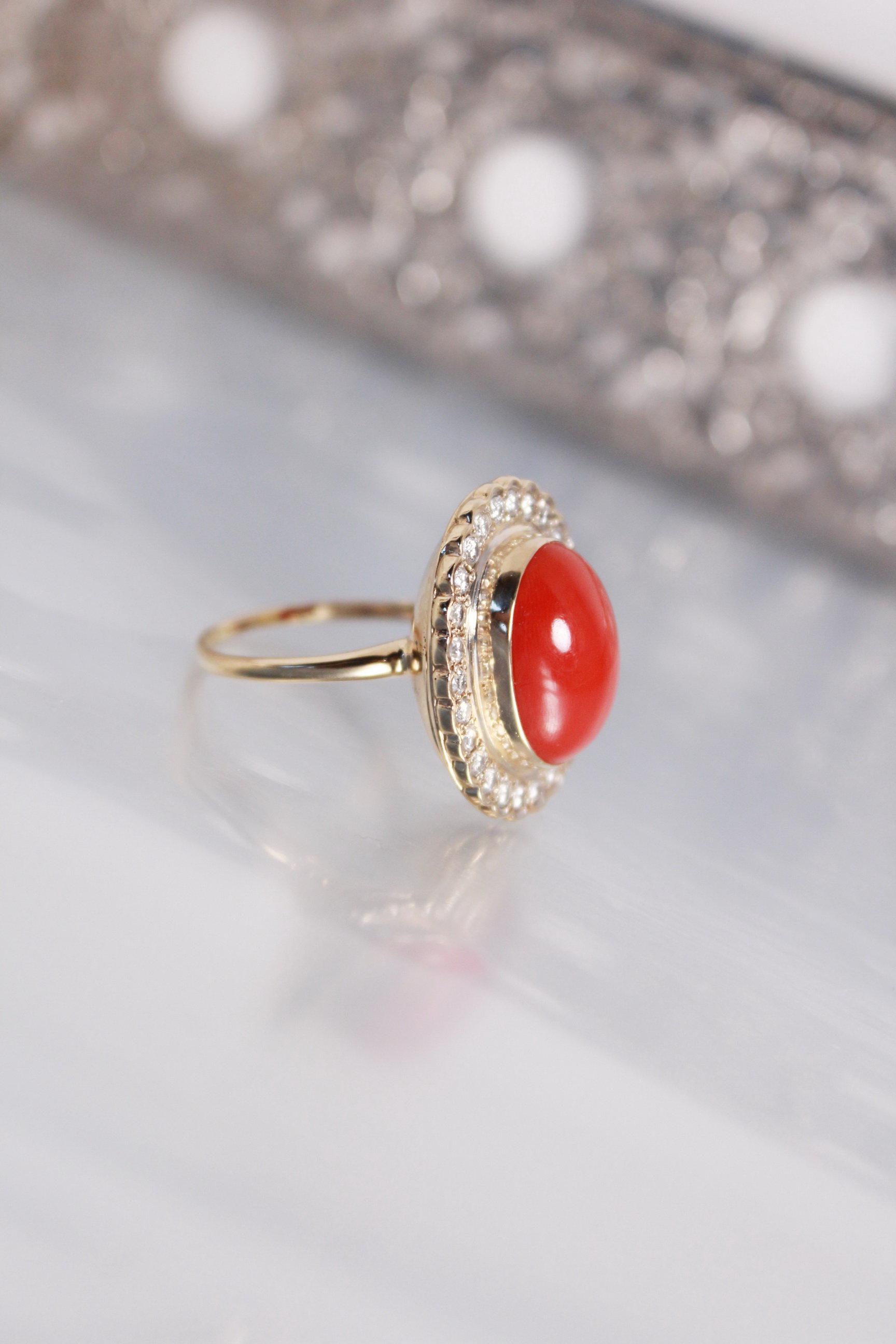 14k Gold/Red Coral Ring Set With Oval Shaped 16 x 12mm Mediterranean Red Coral, Surrounde