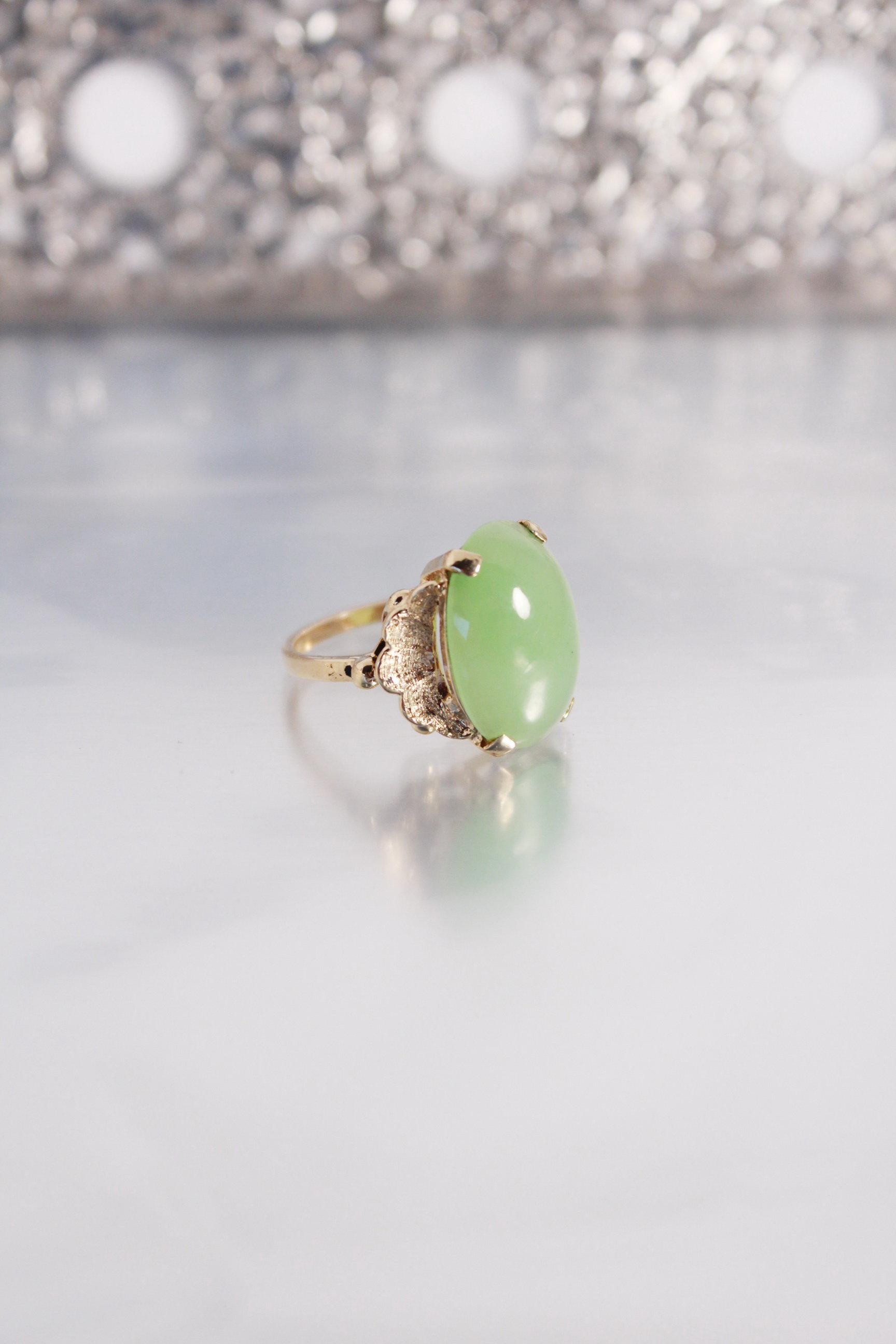 14k Gold/Jade Ring, Set With 18 x 12mm Jade Cabochon, Thought to be Nephrite