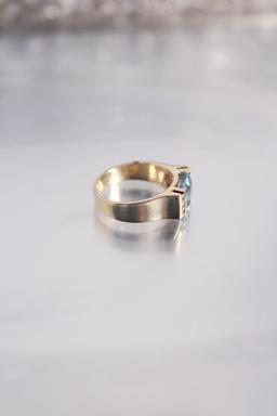 14k Gold/Emerald Ring, Size 4 ¾ Set With One Emerald Shaped Aquamarine 9 x 6 mm, accent