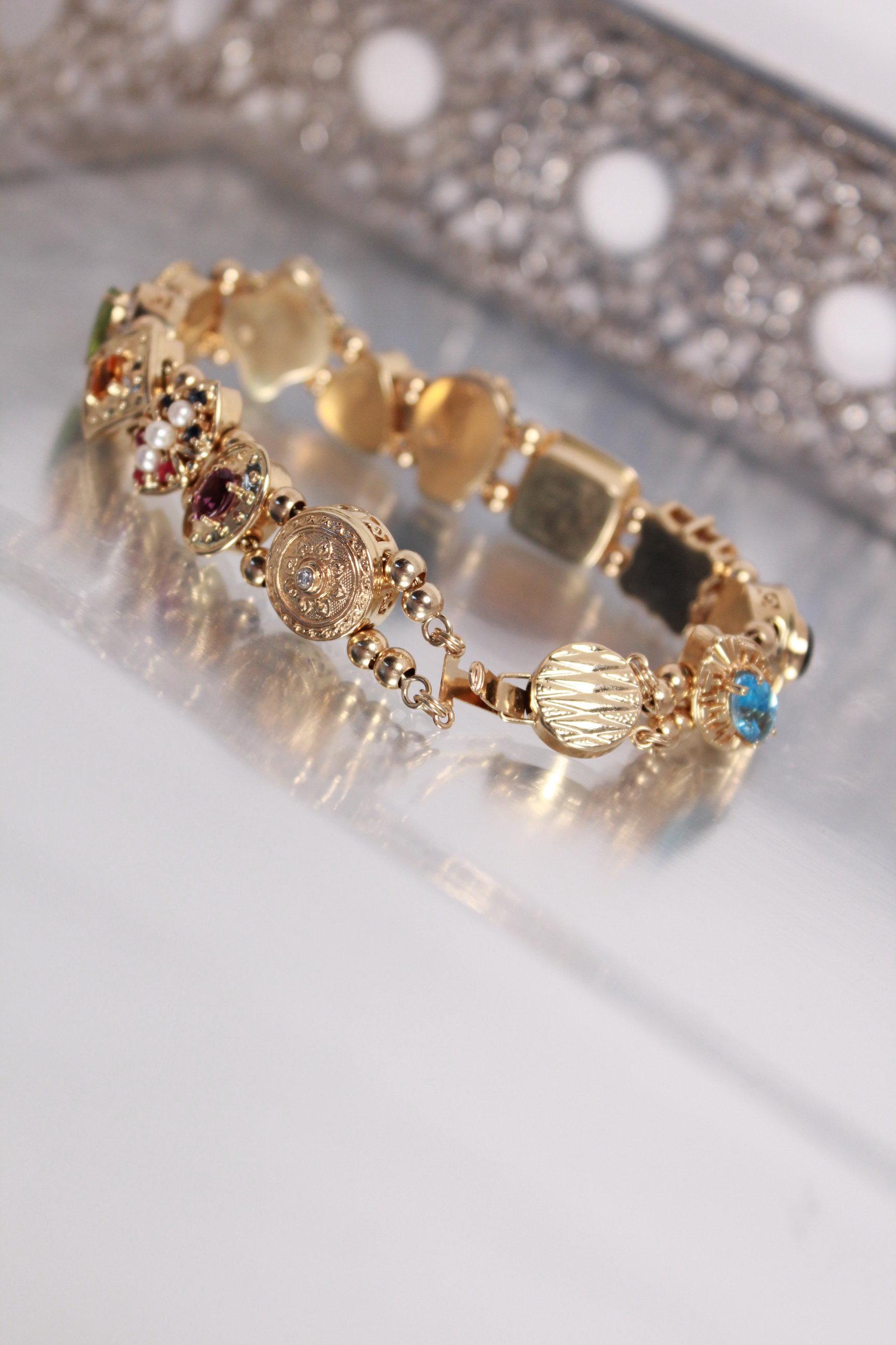 14k Gold & Gemstone, Heavy, Custom Gemstone Bracelet Set With Sky Blue Topaz, Onyx, Tanzan