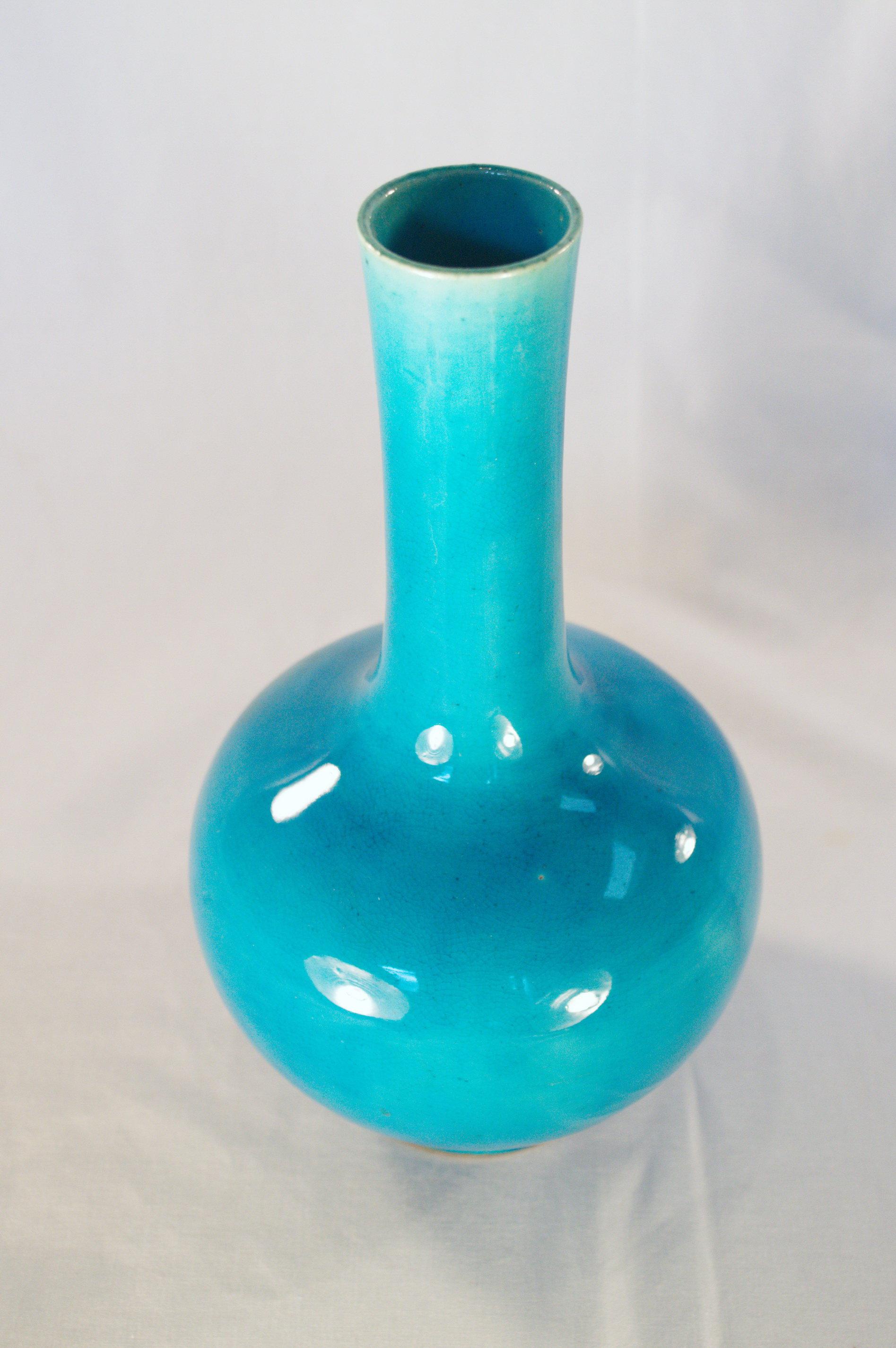 Antique Kyoto Awaji Studio Art Pottery Crackle Glaze Turquoise Bottle Vase