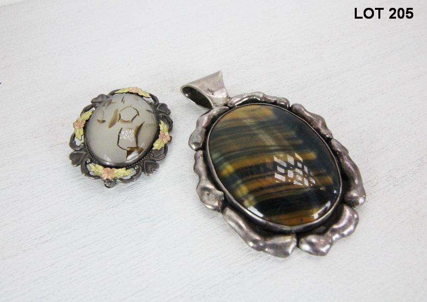 STERLING SILVER & TIGER EYE PENDANT & MISC BROACH