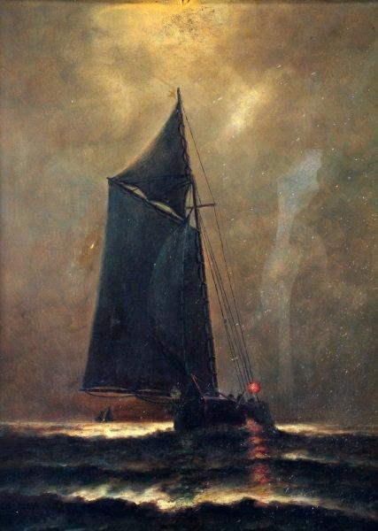 E PRITCHARD SAILBOAT PAINTING 21.5 BY 27.5 INCHES