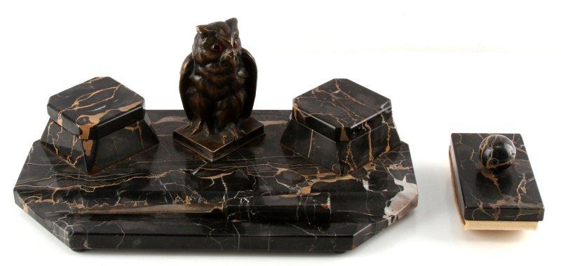 FRENCH ART DECO MARBLE OWL DESK SET W INK BLOTTER