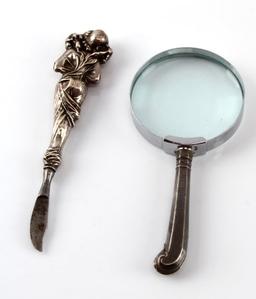 ANTIQUE SILVER FRUIT KNIFE AND MAGNIFYING GLASS