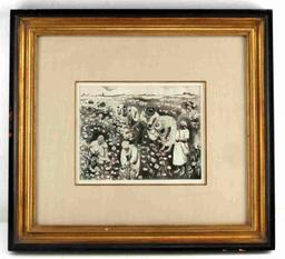 COTTON PICKING SCENE LITHOGRAPH IN FRAME VINTAGE