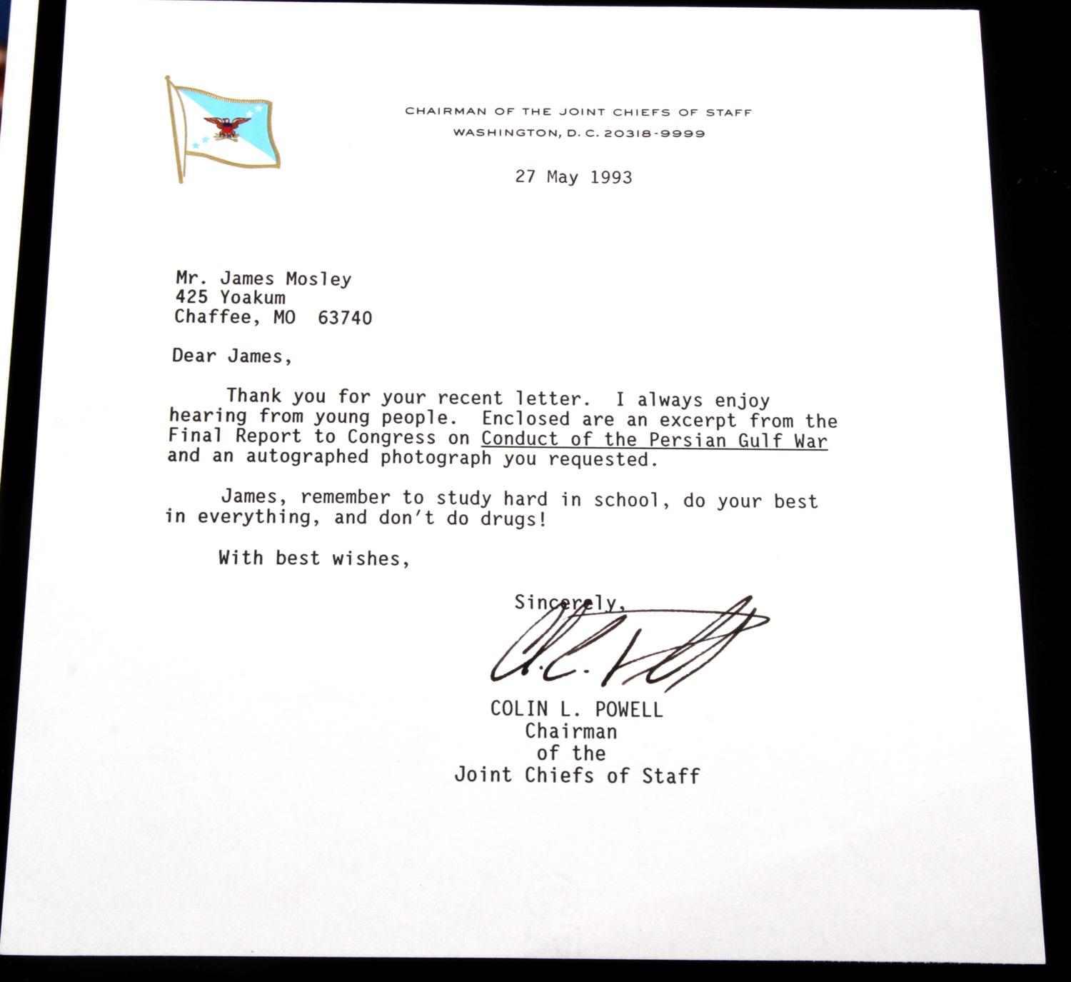 COLIN L POWELL JOINT CHIEFS OF STAFF SIGNED LETTER