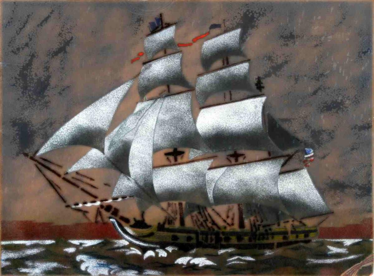 VINTAGE ENAMEL ON COPPER CLIPPER SHIP PAINTING