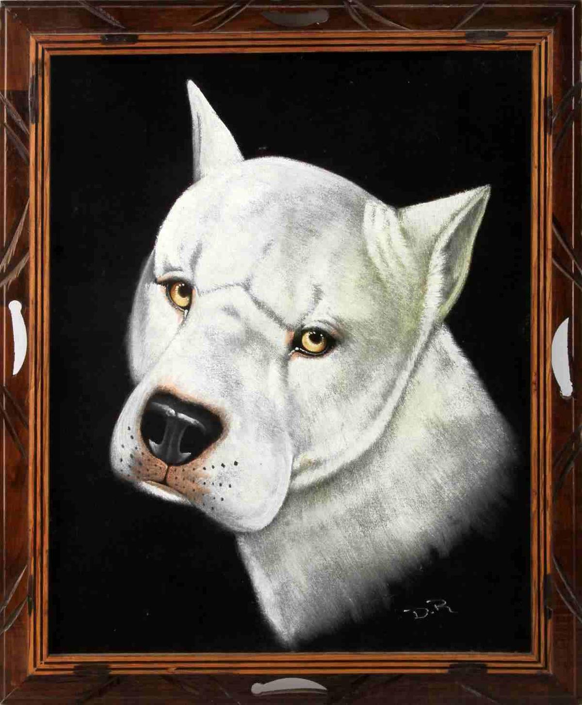 VINTAGE VELVET PAINTING OF AMERICAN BULL DOG