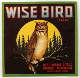 WISE BIRD FLORIDA PLENTI GRAND CA. CRATE LABEL LOT