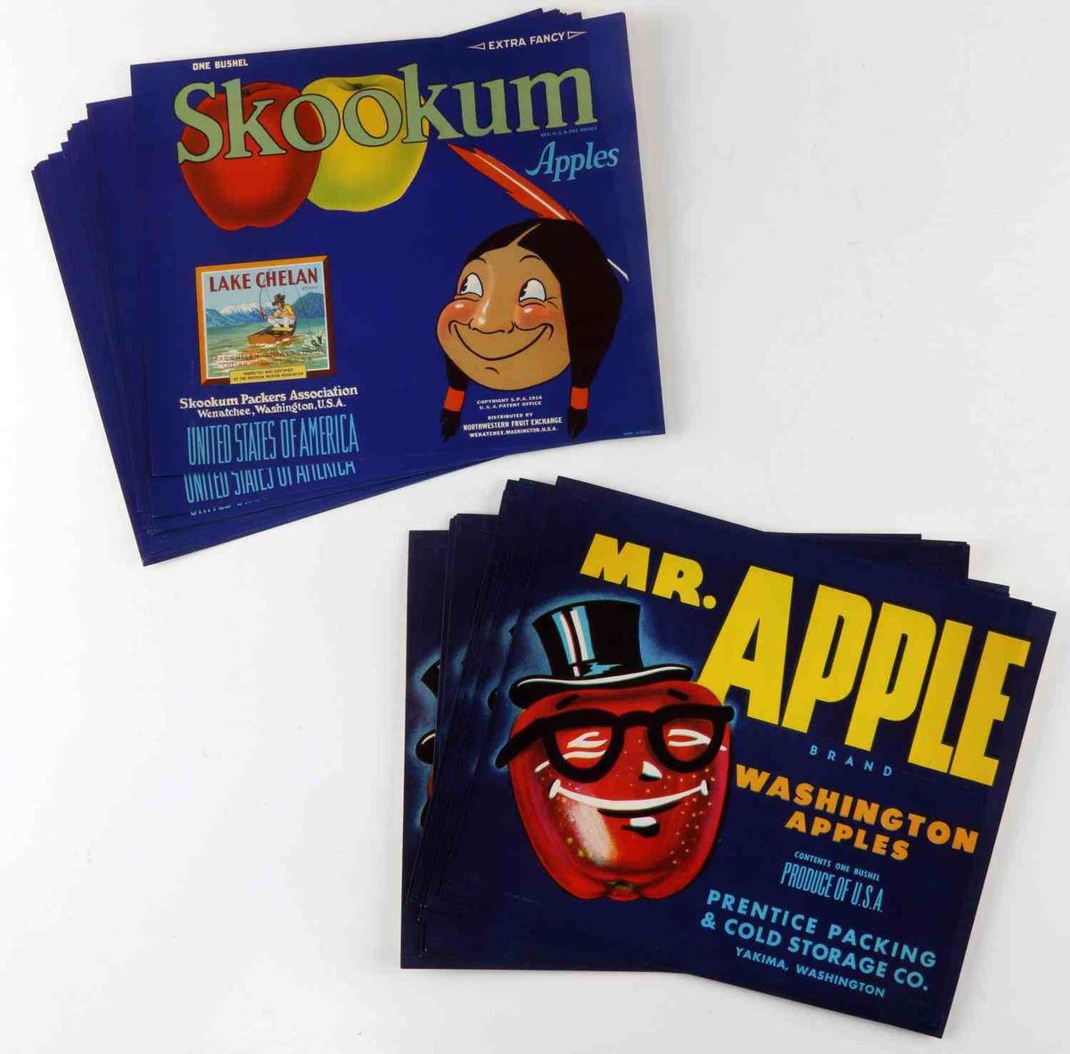 21 SKOOKUM & 16 MR APPLE FRUIT CRATE LABELS