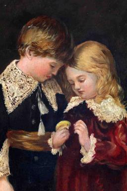 OIL ON BOARD PAINTING OF YOUNG BOY AND GIRL W BIRD