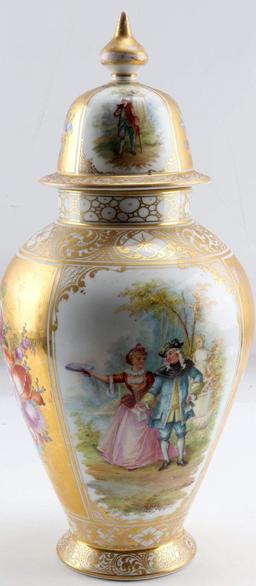 ANTIQUE DRESDEN LIDDED GILT PORCELAIN URN