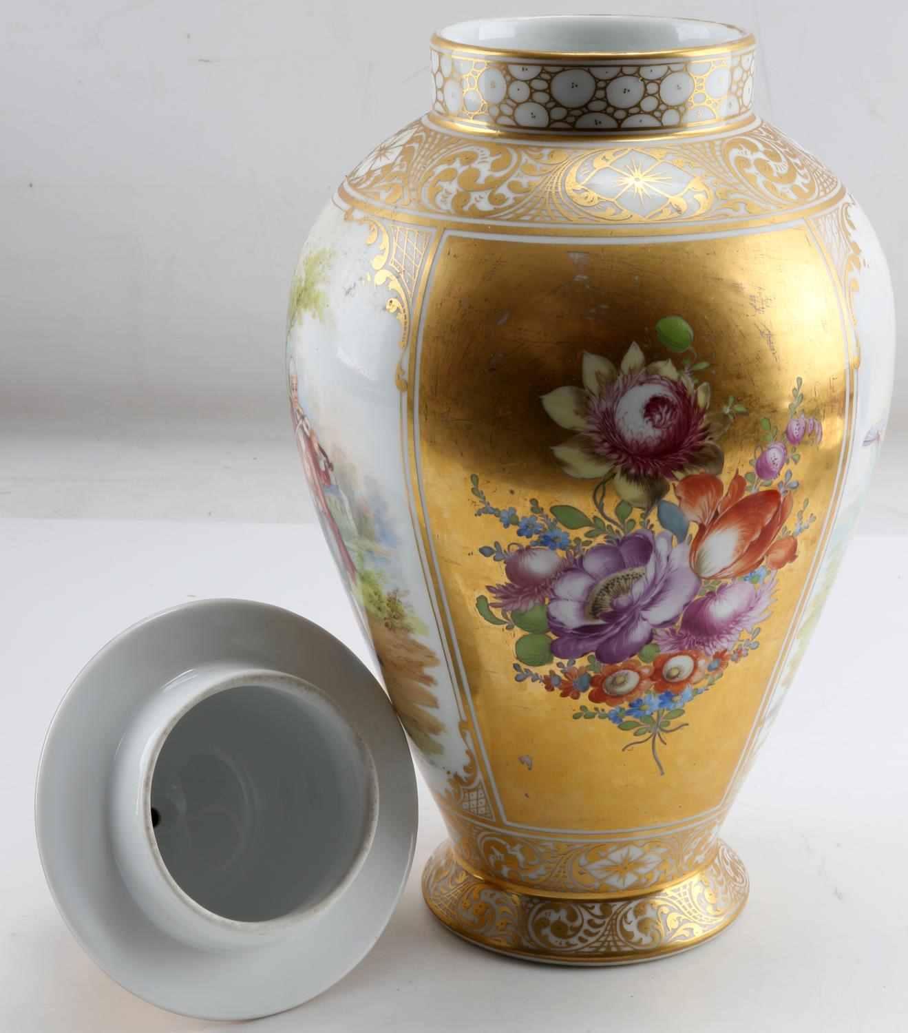 ANTIQUE DRESDEN LIDDED GILT PORCELAIN URN