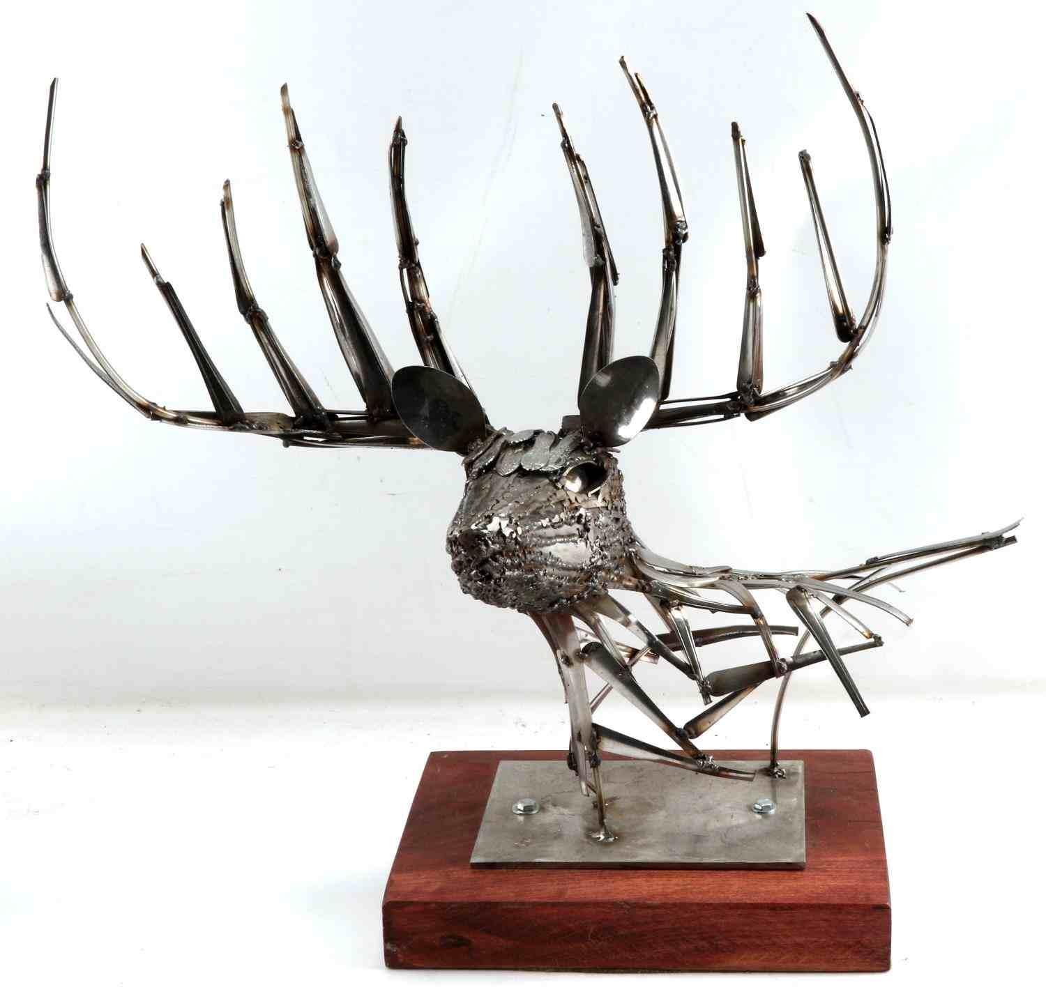 ALL METAL BUCK DEER SCULPTURE SIGNED