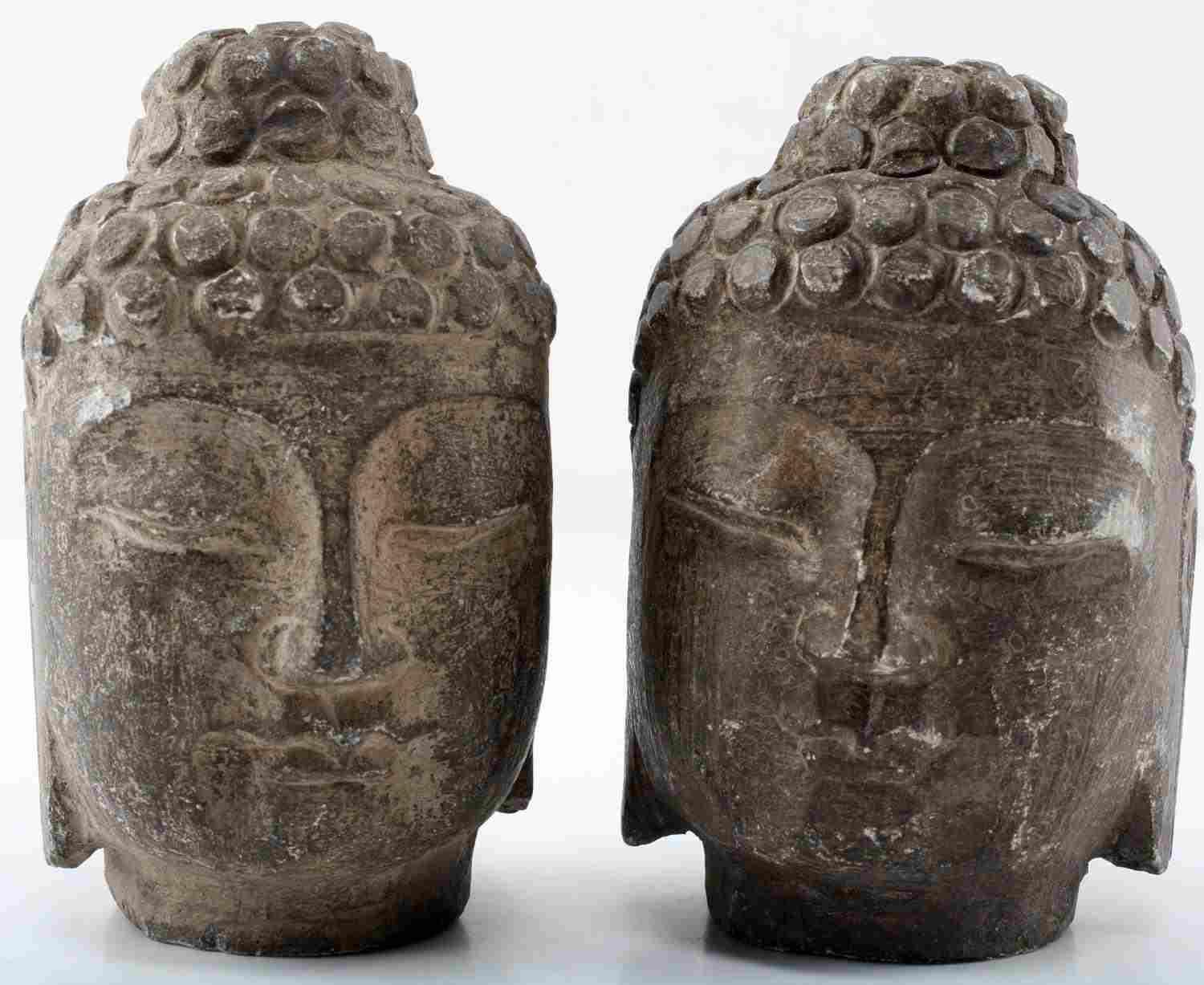 TWO CARVED STONE CHINESE BUDDHA HEADS QING DYNASTY
