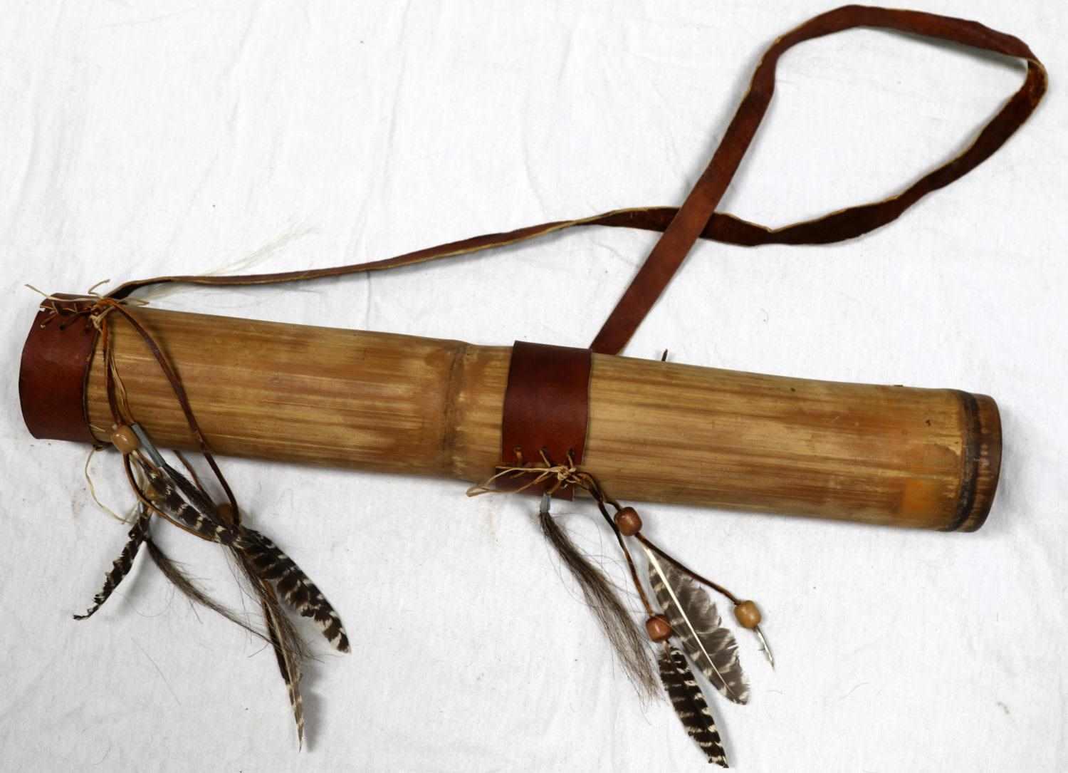 LOT OF LONG BOW & FOUR ARROWS W DECORATED QUIVER