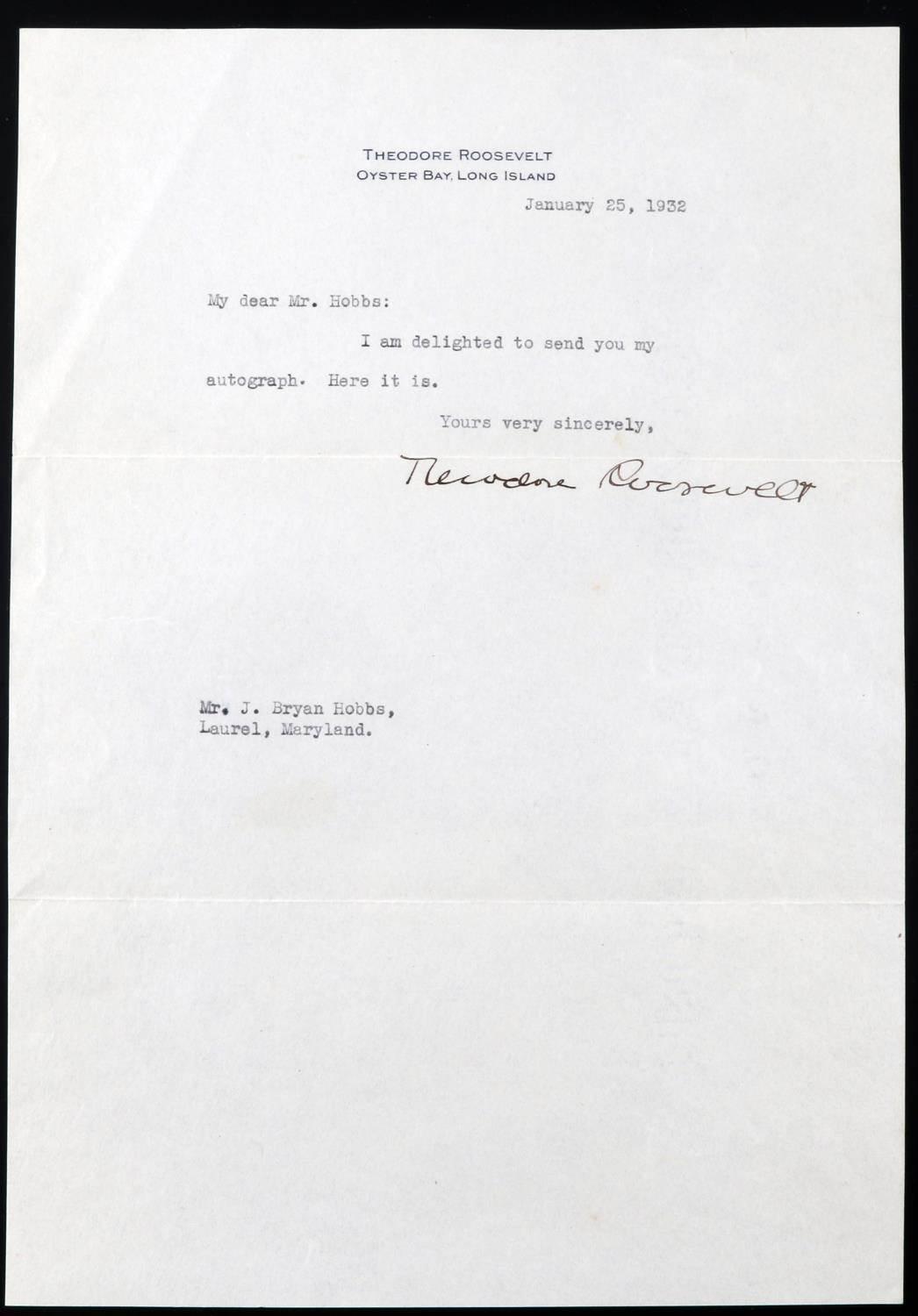 LETTER SIGNED PRES. THEODORE ROOSEVELT AUTOGRAPH
