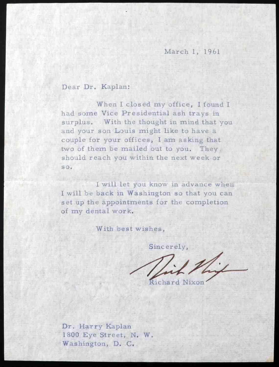 RICHARD NIXON SIGNED LETTER TO PERSONAL DENTIST