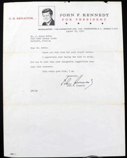 SENATOR LETTERHEAD JOHN F KENNEDY SIGNED LETTER