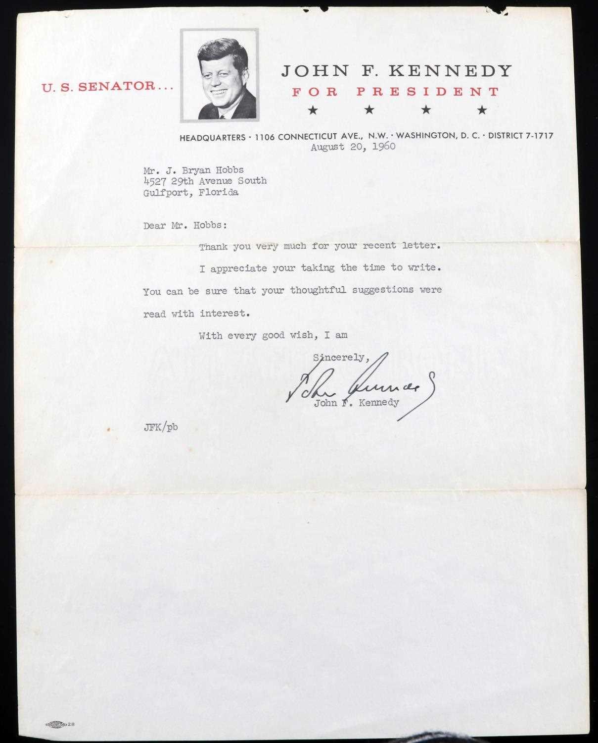 SENATOR LETTERHEAD JOHN F KENNEDY SIGNED LETTER