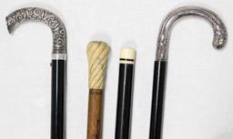 LOT OF 4 VINTAGE WALKING STICKS CANES BONE SILVER